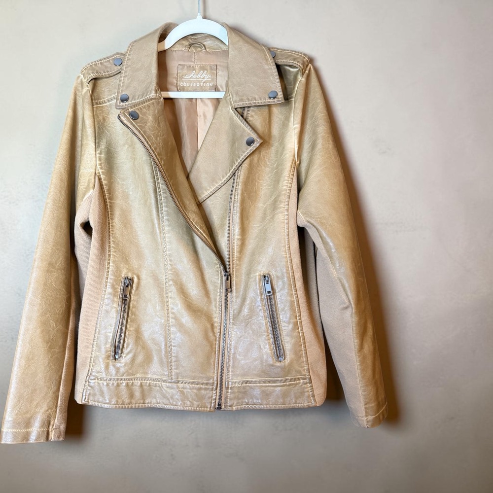 Sebby Collection Womens Toffee Caramel Faux Leather Moto Jacket Ribbed Panels L